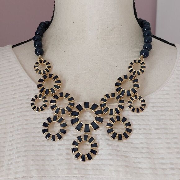 Talbots Jewelry - Talbots Gold Tone and Navy Blue Enameled Sunburst and Beads Statement Necklace